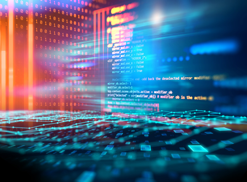 Compound graphic showing computer code, binary and stylised network lines.
